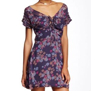 Free People Mini Dress 'Yours Truly' Dark Blue Floral Boho Babydoll | Sz 6 | NWT